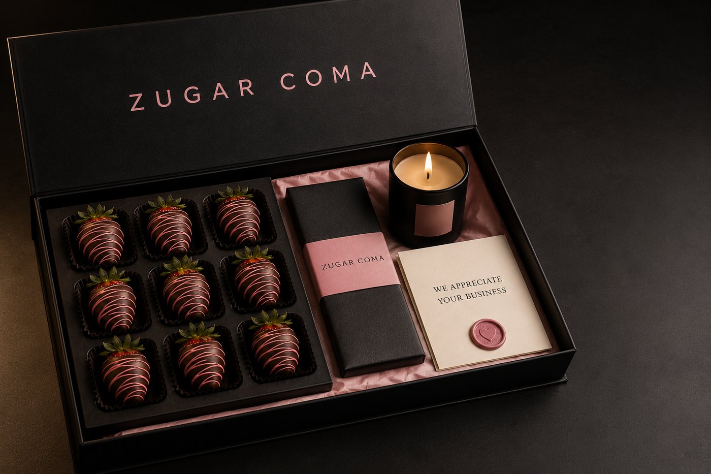 The Client Appreciation Package. A black Zugar Coma gift box holding nine chocolate covered strawberries, a chocolate bar in a pink Zugar Coma band, a black candle and a wax sealed card that reads We Appreciate Your Business.