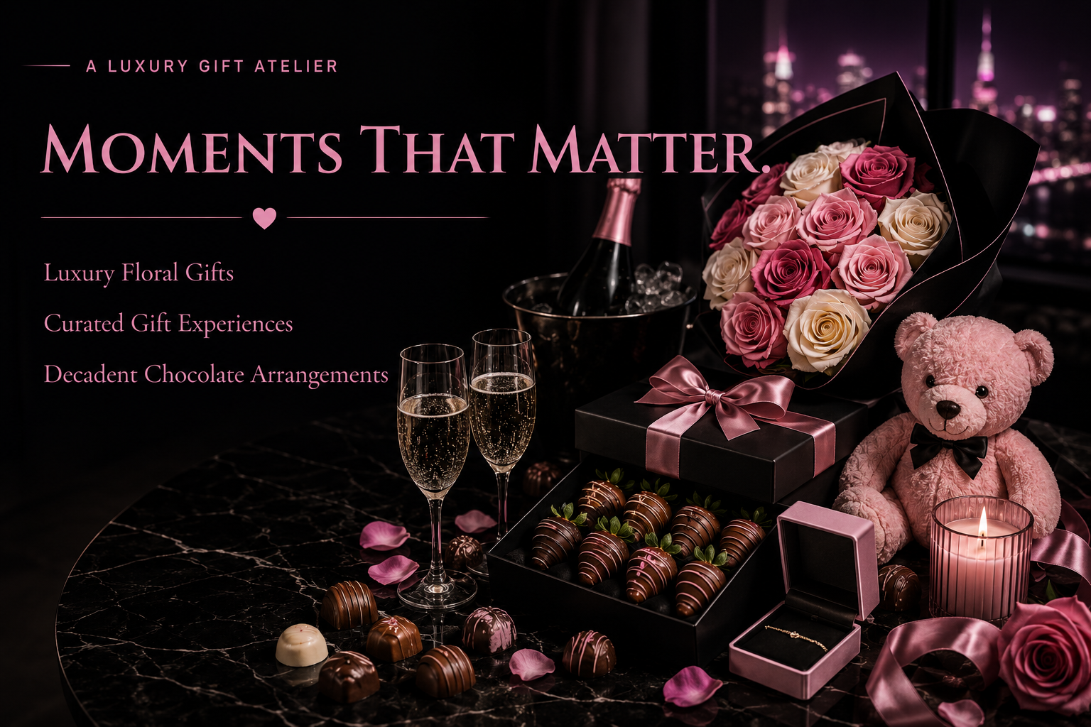 A luxury gift moment — roses, champagne, chocolate-covered strawberries, a keepsake and a plush bear