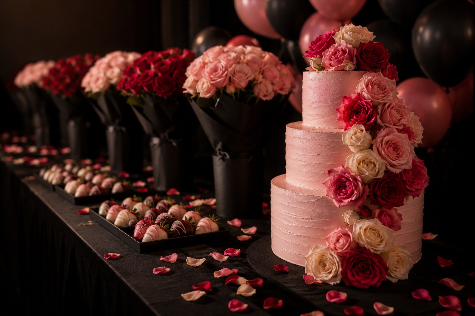 An event table dressed by Zugar Coma. A row of black wrapped rose bouquets, trays of chocolate covered strawberries and a three tier pink cake trimmed with fresh roses.