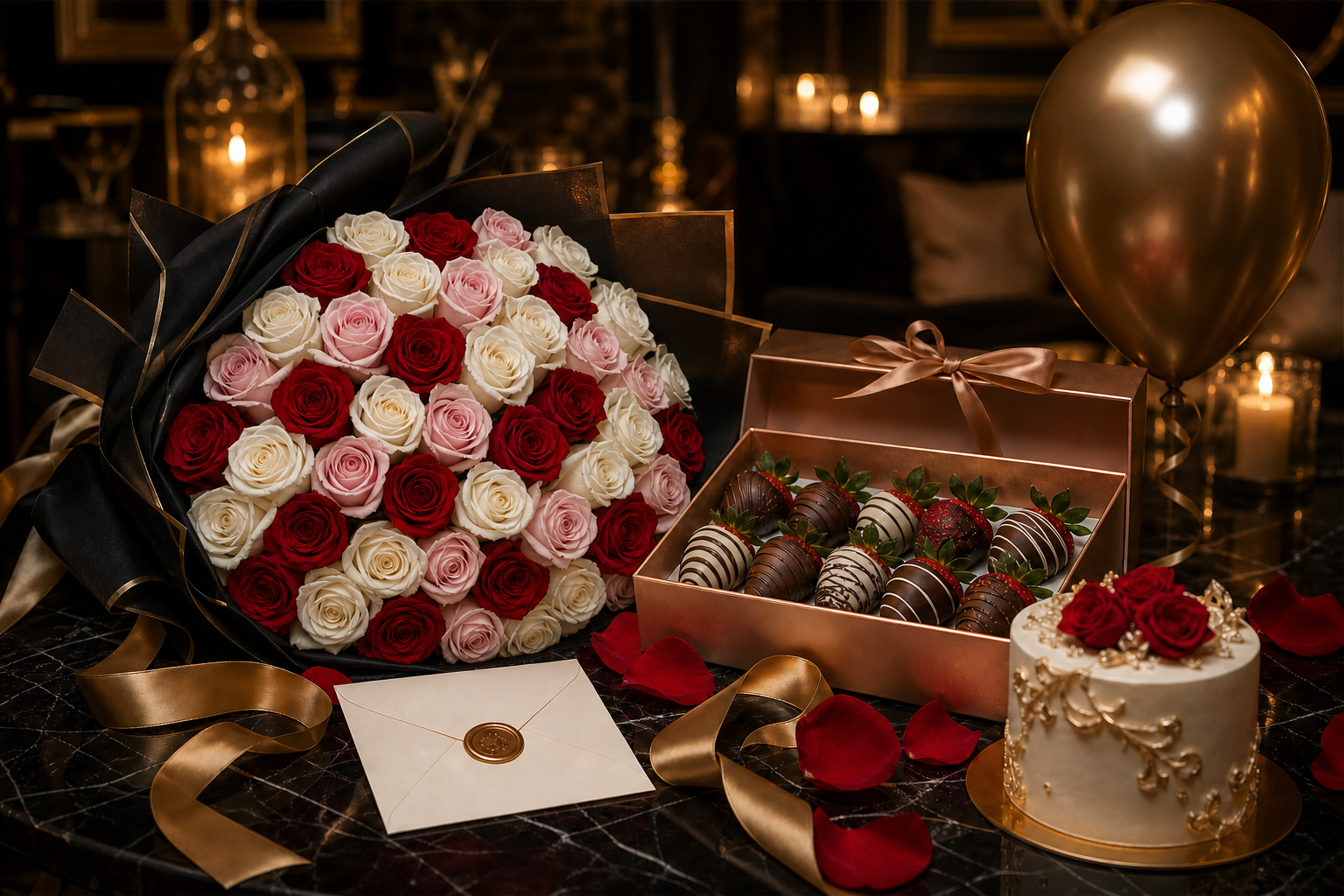 Simply Adored gift package — bouquet, chocolate strawberries, cake and balloon