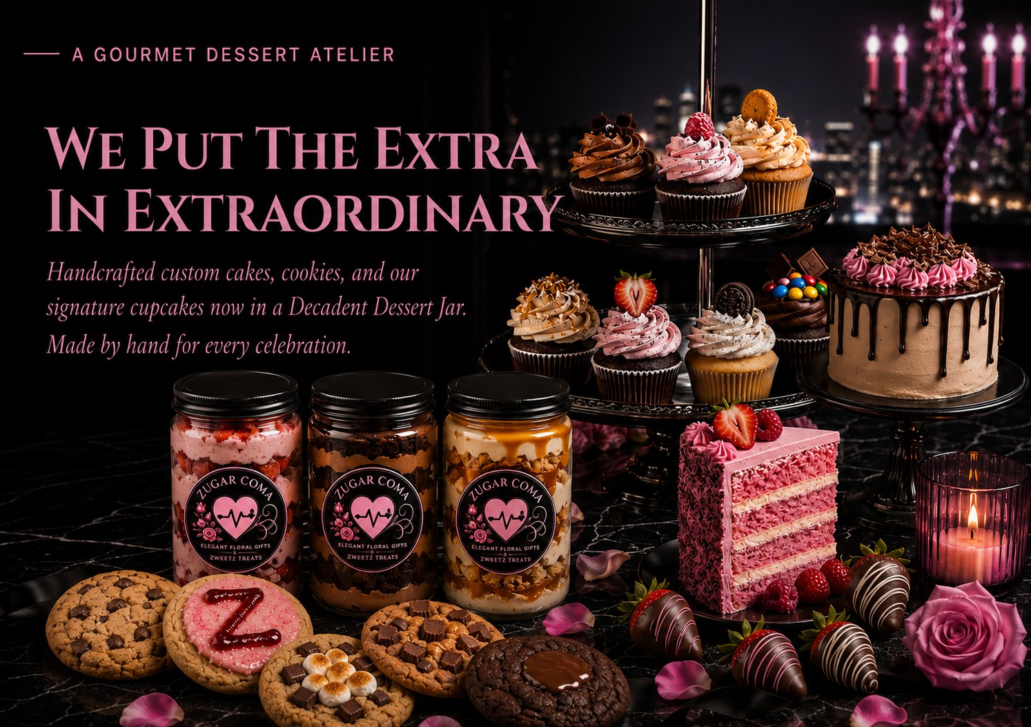 A gourmet dessert atelier. We put the extra in extraordinary. Three branded Zugar Coma Decadent Dessert Jars beside gourmet cookies, a pink layer cake slice, chocolate covered strawberries and a tiered stand of cupcakes and cakes.